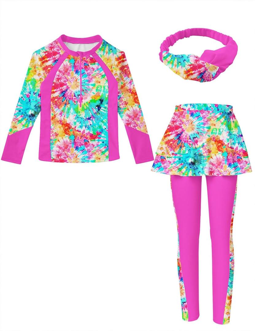 Girls Long Sleeve Rashguard Half Zip Swimsuits UPF 50+ Two Piece Swim Sets with Hairband 5-12Y (5-6 Years, B1-tiedye 03)