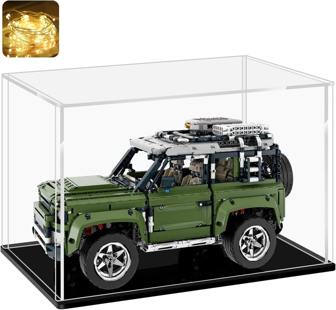 LANSCOERY Acrylic Display Case, 12x6x6 in, Upgraded Thickened UV-Resistant Showcase, 98% Clarity Dustproof Box with Glossy Black Base for Action Figures, LEGO & Models, Includes Scraper & LED Light