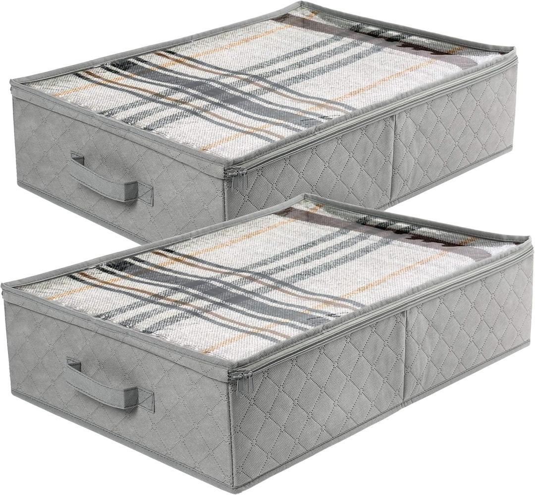 LotFancy Foldable Under Bed Storage Bags, Closet Organizers and storage bins, Clothes Blankets Organizer, with Clear Window and Reinforced Handles, 24 x 16 x 6", Gray, Pack of 2