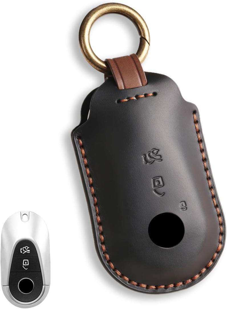 for Mercedes Key fob Cover. Compatible with Mercedes Benz C E S-Class, SL, CLE GLS EQE, EQS, GLC 3 Button Smart Leather Car Key Protector Case Shell Chain Accessories/ Black