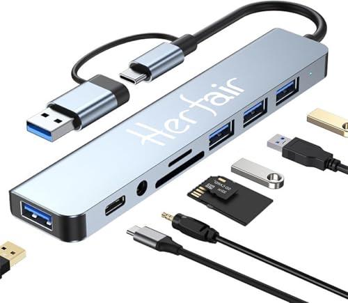 USB Hub 3.0 USB C Hub with SD Card Reader Audio Jack 8 in 1 USB Extender Splitter Multiport Dongle Adapter for MacBook Pro Air and More PC/ Laptop/ Tablet Devices