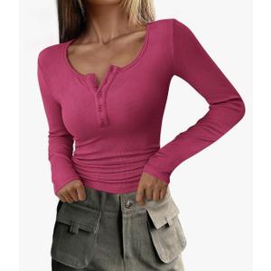 PRETTYGARDEN Women's 2025 Fall Long Sleeve Henley T Shirts Button Ribbed Knit Slim Fit Basic Tops Blouse Casual Outfits, Large