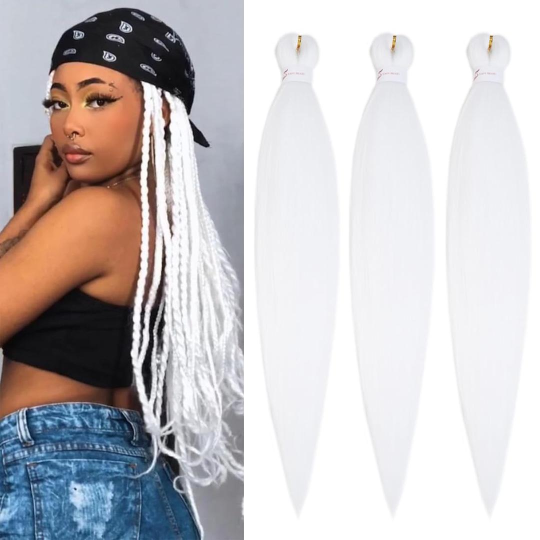 Pre Stretched Braiding Hair Extensions 3 Packs 26 Inch White Braiding Hair Synthetic Braids Hair Extension for Women Hot Water Setting(26Inch,60#)