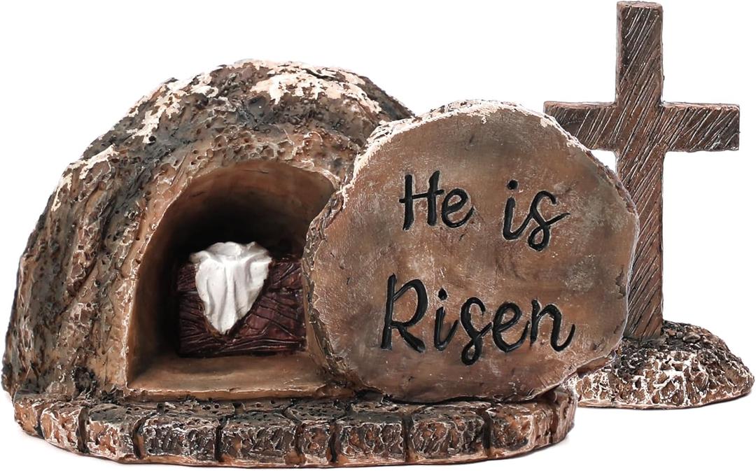 Easter Decor Empty Tomb with Cross - Decorations for Home He is Risen Statue : Nativity Scene Set Religious Jesus Manger Resin Table Tabletop Shelf Indoor Outdoor Gifts for Christian Home Decor