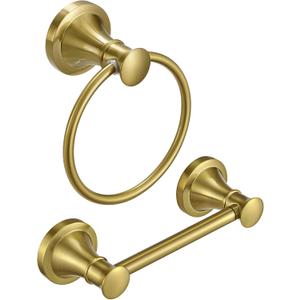 RUMOSE Toilet Paper Holder and Hand Towel Ring Brushed Gold Wall Mount Bathroom Hardware Accessories 2 PCS Set Flexible Pivoting Toilet Tissue Roll Holder and Towel Hanger, Stainless Steel