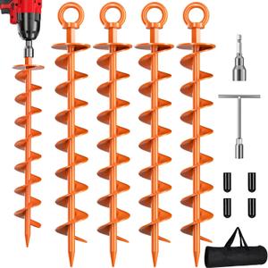 Phopich Ground Anchor Screw in, 4 Pack Spiral Trampoline Anchors with Nut and Tool Swing Set Anchors Tent Stakes High Wind Heavy Duty for Sheds, Carports, Mobile Home Orange