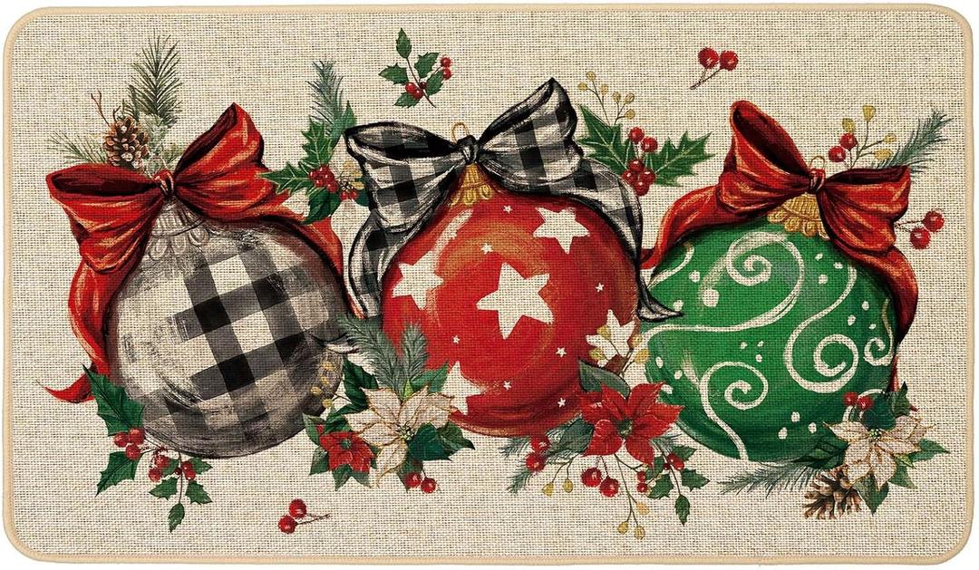 Baccessor Christmas Winter Doormat Indoor Outdoor 17x29 inch, Christmas Red Xmas Ball Ornament Decorative Front Door Mat Non Slip Rubber Backing Seasonal Entryway Kitchen Floor Decoration