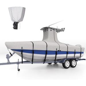 Heavy Duty Ture 900D T-Top Boat Cover 17ft - 19ft with Motor Cover, 100% Waterproof Solution-Dyed Center Console Boat with T Top Roof 17-19 Foot with Upgraded 15 Windproof Straps (17'-19' Long (Beam Width Up to 106"), Gray)