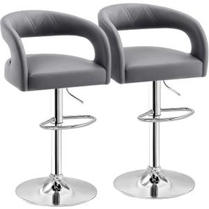 VECELO Bar Stools Set of 2 Adjustable Swivel Modern Pu Leather Barstools, Counter Bar Stools with Back and Arms, for Kitchen, Bar (Light Gry)