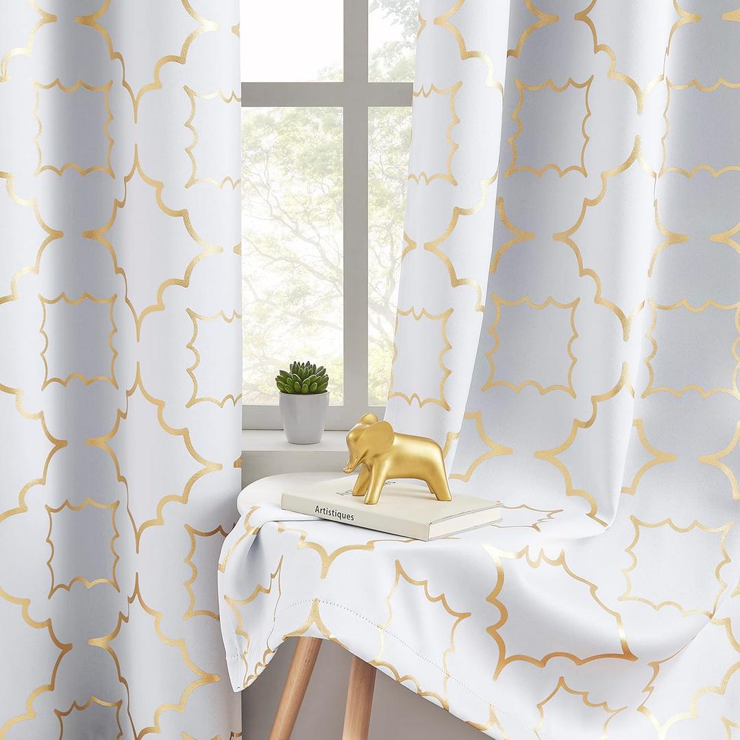 White Blackout Curtains for Bedroom Living Room with Gold Foil Print Panels Room Darkening Energy Saving Grommet 95% Blackout Drapes for Patio Hall Studio, 2 Panels, 52" Wx63 L