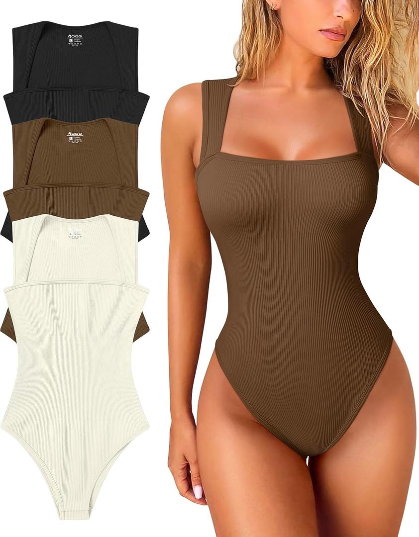 OQQ Women's 3 Piece Bodysuits Sexy Ribbed Strappy Square Neck Sleeveless Tummy Control Tank Tops Bodysuits (Large, Black, Coffee, Beige)