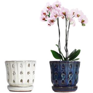 Orchid Pots with Holes Attached Saucers 5 Inches - 2 Pcs Small Ceramic Pots for Repotting, Decorative Ceramic Orchid Planter with Hole for Healthy Root Growth (White and Blue)