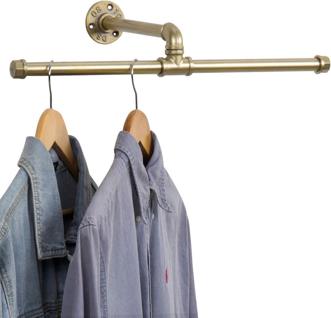 MyGift 20-inch Industrial Brass-Tone Metal Pipe Wall Mounted T-Bar Hanging Clothing Rack