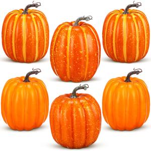 6 Pcs Thanksgiving Fall Large Orange Foam Pumpkins 7.28 Inch Jumbo Faux Foam Pumpkins Decorations Artificial Vegetables Halloween Giant Fake Artificial Decor for Autumn Harvest Home Kitchen