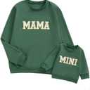 Covvoliy Mommy and Me Letter Print Matching Family Outfits Long Sleeve Crewneck Casual Sweatshirt T-Shirt (Women, M, Mini Green)