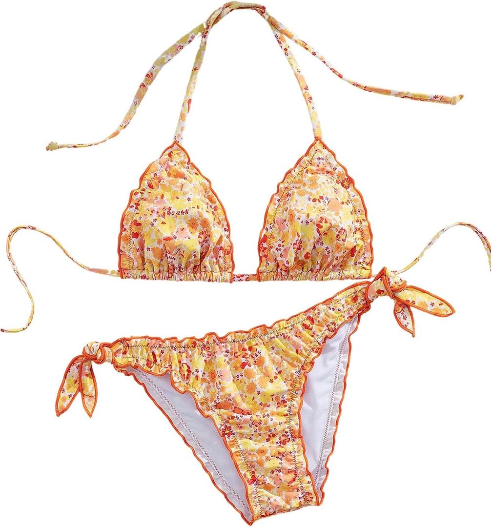 Women's 2 Piece String Bikini Sets Floral Print Ruffled Halter Tie Backless Thong Swimsuits Bathing Suit (Large, Yellow Flower)