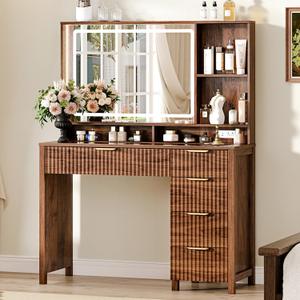 Arulvmrn 43.3'' Vanity Desk with Mirror and Lights, with Glass Tabletop, with 5 Drawers & Shelves,Makeup Vanity Set for Bedroom, Walnut