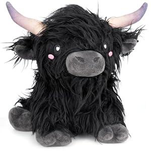 Happy Fuel Highland Cow Microwavable 1.5lbs Unscented Heating Pad for Women & Kids- Cute Soft Cozy Pillow Plush Heatable Warm Stuffed Animals- Kawaii Hot & Cold Plushie Toy- Cow Gifts for Girls & Boys (Black)