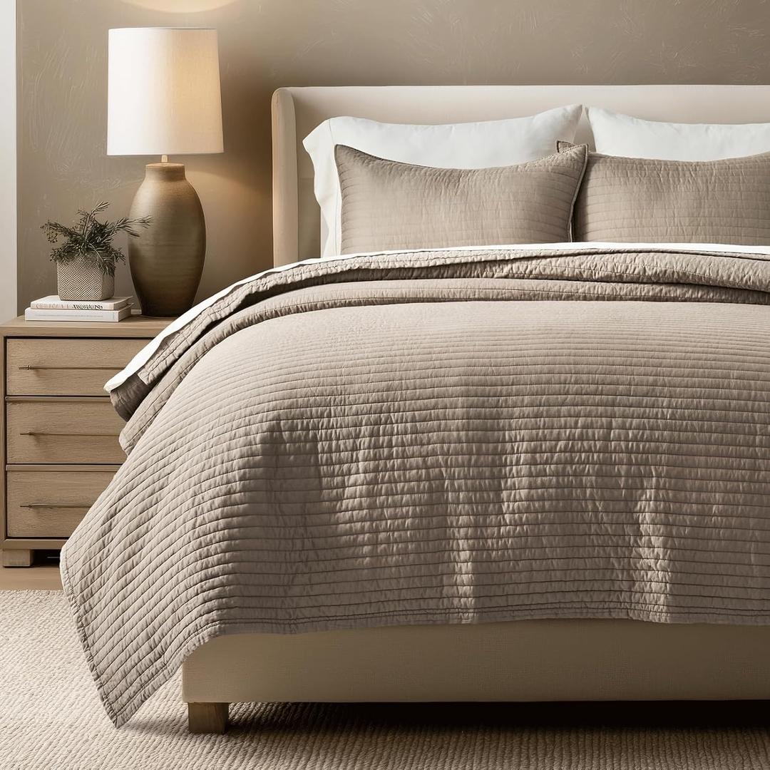 EVERGRACEHOME Cotton Sateen Quilt Set King Size, Pre-Washed Cotton Channel Stitch Coverlet Bedspread, 3 Pieces Lightweight Soft Bedding Sets for All Season, with 2 Pillow Shams, Stone Taupe, King/Cal King