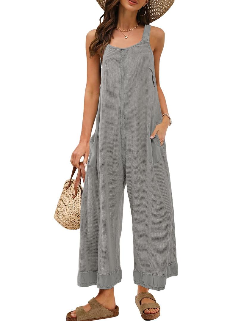 Panadila Womens Waffle Knit Jumpsuit Casual Wide Leg Jumpsuits Oversized Long Rompers Open Back Loose Overalls(Light Grey,S) (S)