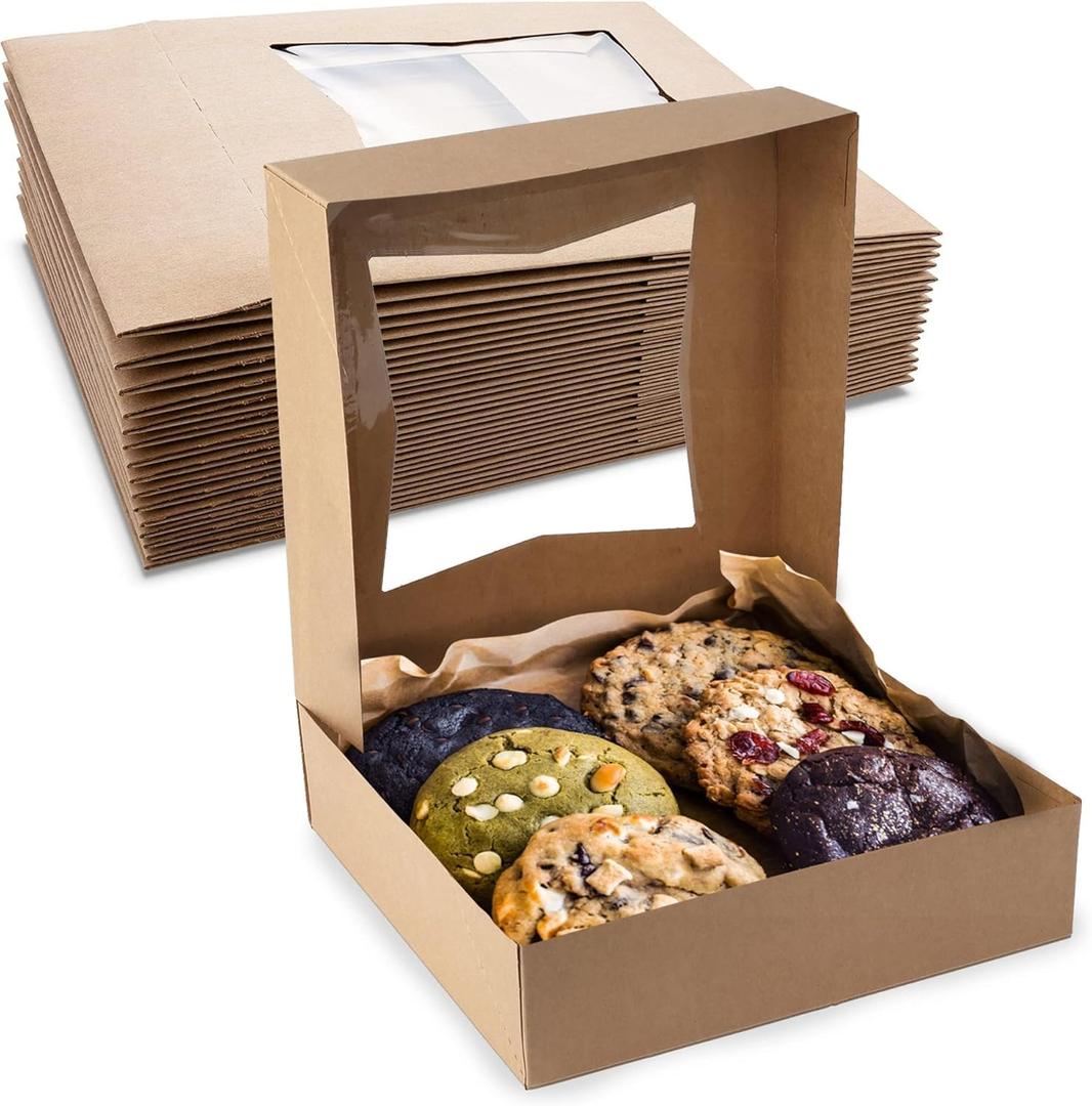 MT Products Brown Cookie Boxes 8" x 8" x 2.5" - Auto Pop-Up Bakery Boxes with Window (Pack of 25) - Made in the USA