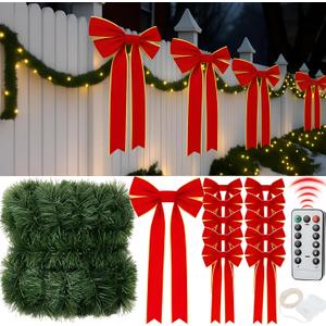 50 Feet Outdoor Christmas Fence Garland with 66ft Lights and 10 Large 28 10 Red Velvet Bows Garland for Fence Stairs Mantle Railing Holiday Party Xmas Decor(Warm Color)