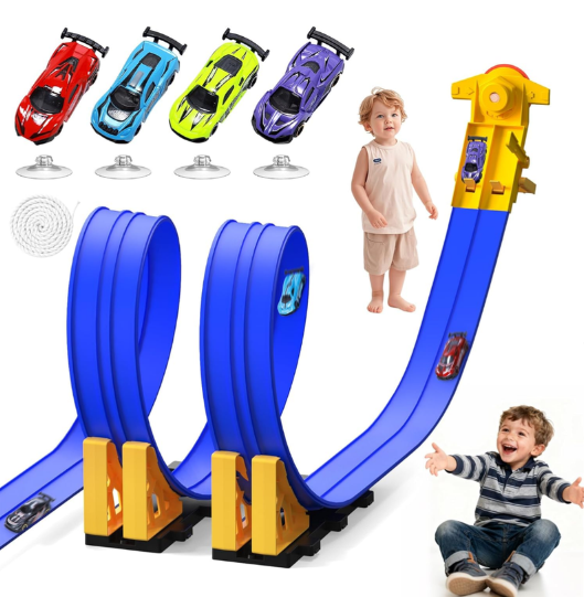 Flex Race Track 16 Ft with Start Gate Accessories Compatible with Diecast 1/64th Cars, Flexible Car Track Toys for Ages 3+ Kids Toddlers Roll Out Portable Racetrack (Blue)