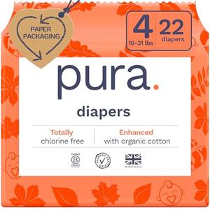 Pack of 6, Pura Size 4 Eco-Friendly Diapers (18-31lbs) Totally Chlorine Free (TCF) Hypoallergenic, Soft Organic Cotton, Sustainable Comfort, up to 12 Hours Leak Protection, Allergy UK, 22 Diapers.