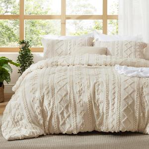Bedsure Tufted Boho Comforter Set Queen Size - Beige Boho Bed Set, GentleSoft 3 Pieces Farmhouse Shabby Chic Embroidery Bedding, Gifts for Woman, Soft Jacquard Queen Comforter for All Seasons (01 - Beige - Elegant)