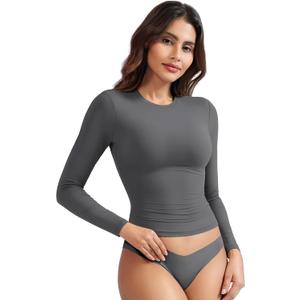 YEOREO Long Sleeve Shirts for Women y2k Tops Double Lined Basic Tee Crew Neck Going Out Sweeney Workout Undershirt Coal S