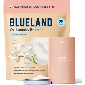 BLUELAND Oxi Laundry Booster Powder with Tin, Starter Set, Clear Skies Scent, 25 Loads, 17.6 oz, Plastic-Free, Eco Friendly, Oxy Cleaner, Stain Remover