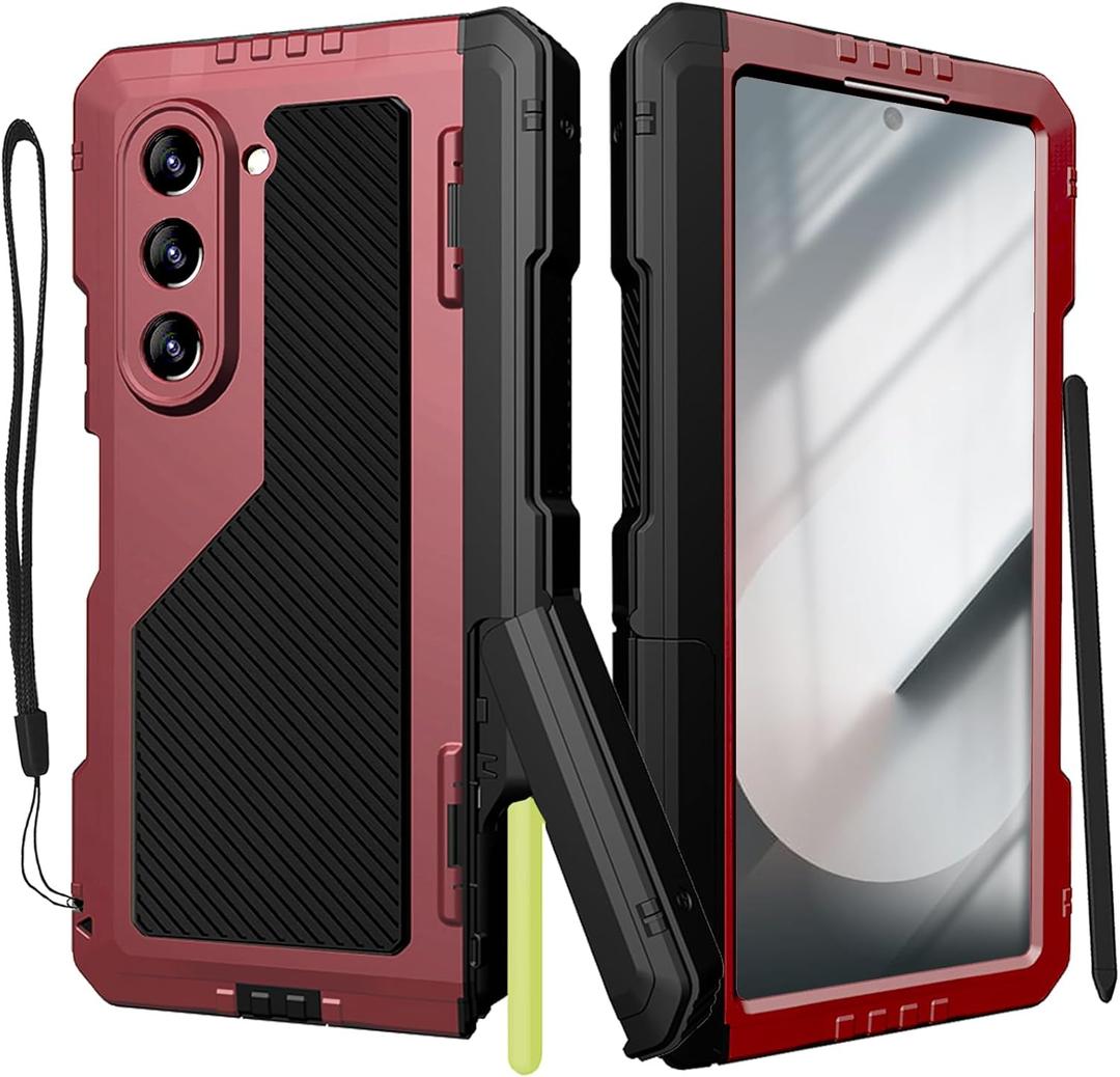 for Samsung Galaxy Z Fold 6 Case with S Pen Holder & Stylus, Z Fold6 Metal Case with Hinge Protection Screen Protector Military Rugged Heavy Duty Bumper Kickstand Phone Case for Z Fold 6 Red