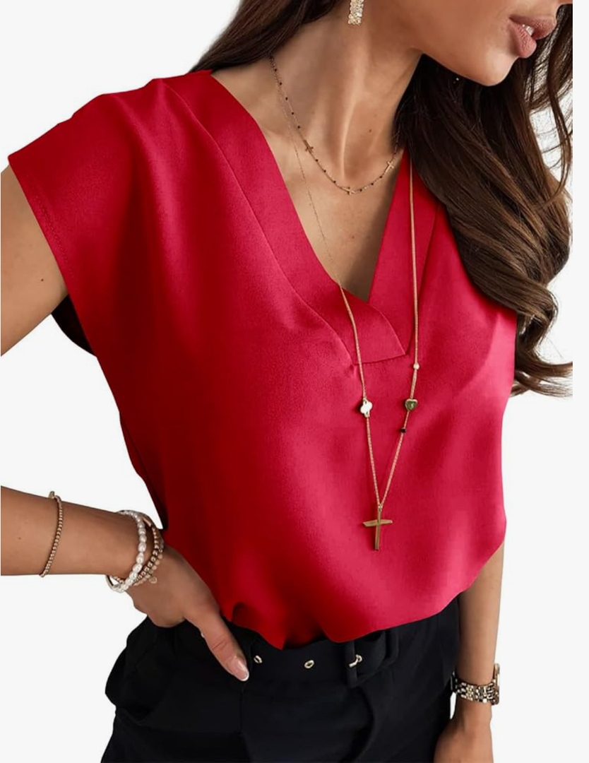Women's Chiffon Blouses Cap Sleeve Shirts Casual Loose Work Office Solid Tops Rose Red S