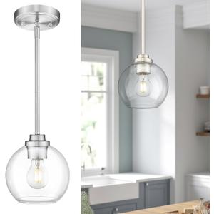 Globe Pendant Light Fixture, Modern Brushed Nickel Hanging Light with Clear Glass for Kitchen Island Dining Room Bedroom Hallway Foyer (1 Pack), PL101BN