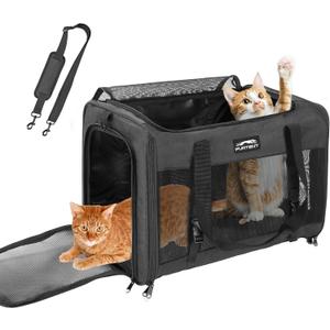 Soft Cat Carrier, Large Foldable Pet Carrier with Four-Sided Breathable Mesh, Safety Leash Included, 20 x 13 x 13 Inches, Travel Bag for Cats & Small Dogs, Black