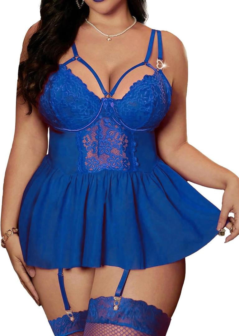 Alrovetoney Plus Size Lingerie For Curvy Women Ruffle Lingerie Set Sexy Lace Lingerie Set Garter Belt With Stockings (3X-Large, Blue)