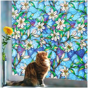 Coavas Decorative Window Privacy Film, Heat Control Sun Blocking Stained Glass Window Film, Floral Design Static Cling, Non Adhesive Windows Tint for Bathroom Front Door(Vinyl, 35.4" x 78.7 ") (35.4 x 78.7 inch, Blue)