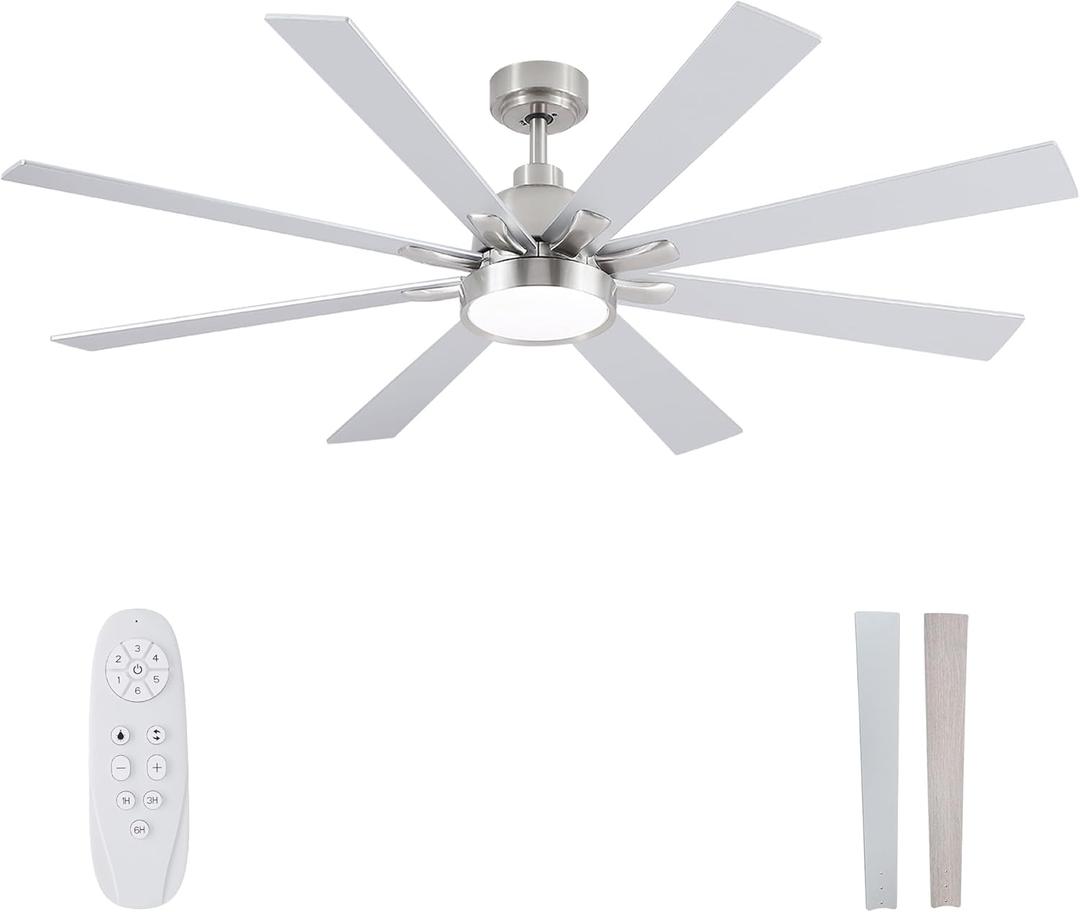 Large Ceiling Fans with Lights and Remote - 62 Inch Brushed Nickel Ceiling Fan with Light, Quiet DC Motor, 3 CCT, Modern Dimmable Lighting & Ceiling Fans for Living Room Patio,Indoor/Outdoor