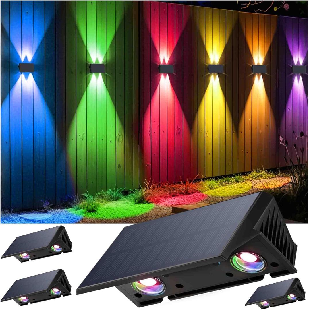 Fence Lights Solar Powered, 4-Pack Solar Fence Lights Up/Down Flexible Buttons, IP67 Waterproof for Outdoor, 100LM Bright, Auto Dusk to Dawn for Wall/Stairs/Yard/Railing/Deck/Pathway (White & RGB)