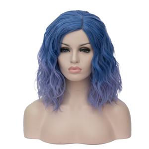 BUFASHION 14" Women Short Ombre Light Blue Kinky Straight Cosplay Synthetic Wigs With Air Bangs (Ombre Light Blue 1)