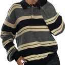 MakeMeChic Women Oversized Striped Pullover Long Sleeve Pullover Sweater Retro Autumn Sweater, Size L