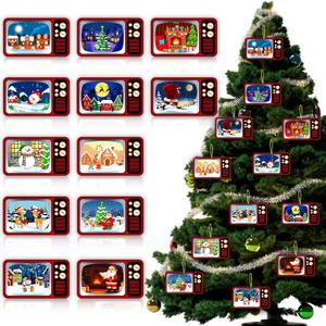 2 x Christmas Tree Ornaments Traditional Christmas Santa Scene TV Hanging Ornaments Xmas Vintage TV Wooden Cutouts Hanging Signs for Xmas Tree Winter Holiday Party Indoor Outdoor Decorations Supplies