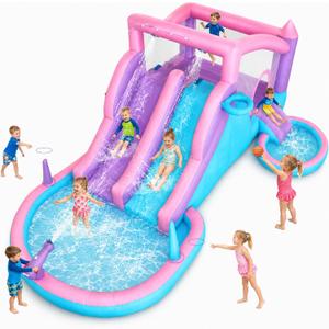 9-in-1 Inflatable Water Slide Bounce House 3 Slides Splash Pool Water Cannon Ball Pit Basketball 470W Blower 197x148x75 Inches Backyard Water Park for Kids Ages 3-8