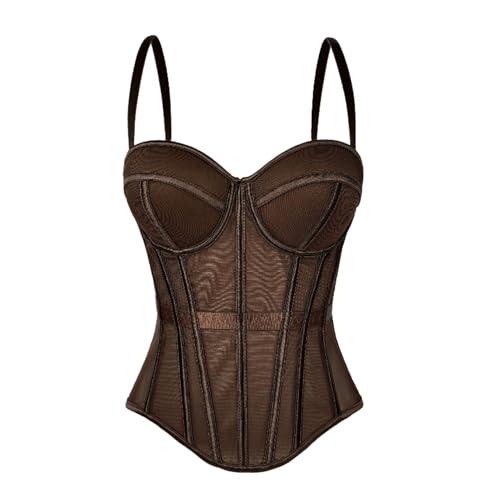 VEENDEO Women's Sequin Bustier Crop Top Mesh Corset Top Push up Rhinestone Diamond Bra Club Party Vest Detachable Straps L