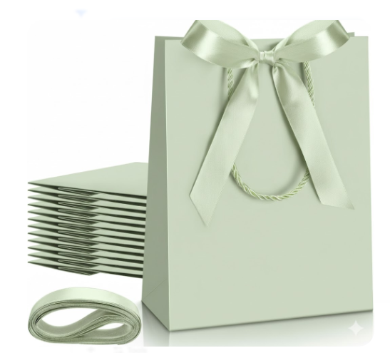 Silkfly 12 Pcs Paper Gift Bags with Handle 9x7x3.15'' Thank You Gift Bags with Bow Ribbon for Holiday Valentines Wedding Bridal Baby Shower Birthday Party (Champagne)