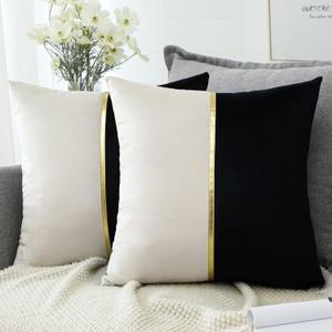 OTOSTAR Black White Velvet Throw Pillow Covers with Gold Leather Patchwork Luxury Modern Minimalist Square Pillowcase Cushion Covers for Living Room Bed Couch Sofa 18x18Inch Set of 2