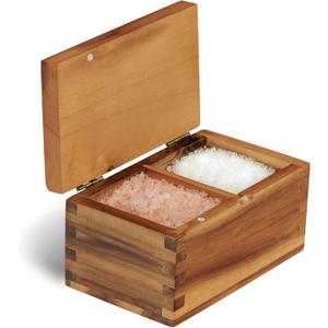 Demigo Acacia Wood Salt Cellar with Magnetic Flip Lid - 20 oz Large Capacity Salt Box for Kitchen - Keeps Spices, Herbs & Seasonings Fresh (Natural Brown)