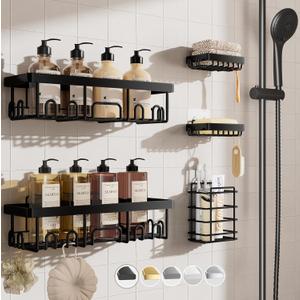 Veken 5-Pack Shower Caddy, Rustproof & Water-Resistant Kitchen Sink Organizer, Large Capacity Spice Rack, Wall-Mounted Storage Shelves for Kitchen & Bathroom, Soap Dish & Multi-Purpose Sponge Holder (5-Piece Set, Black)