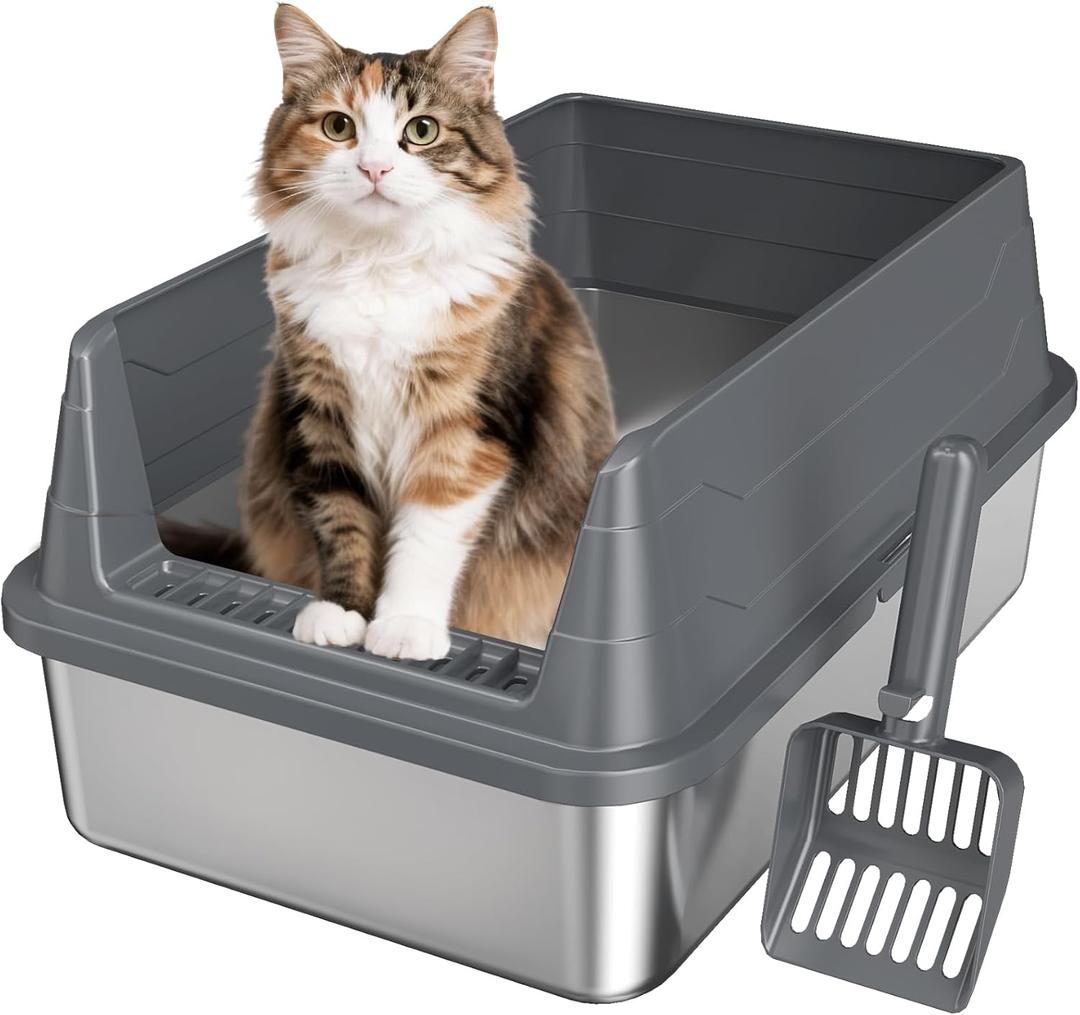 Stainless Steel Cat Litter Box, Odor Free Metal Litter Box with High Sides Lid, Open Top Low Entry Litter Pan Include Scoop Easy Cleaning Anti-Scratch Kitty Cat Box Anti-Urine Leakage, Non-Sticky (Medium, Dark Grey(17.5 in))