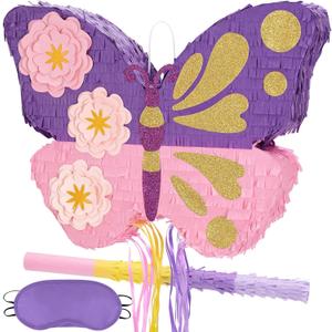 WERNNSAI Butterfly Piata - Butterfly Birthday Party Supplies Piata with Stick and Blindfold for Girls Kids Pull String Piata Family Games Classroom Birthday Party Decorations 16.4 x 12.4